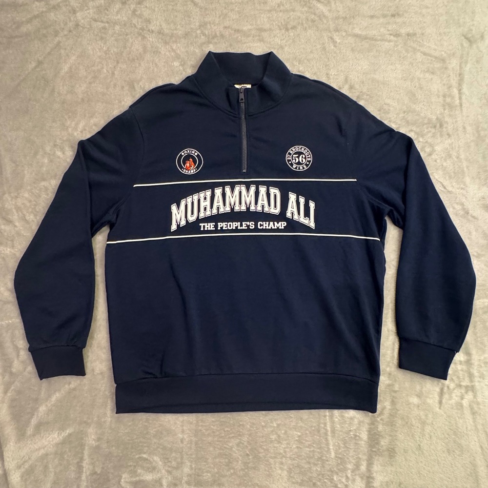 Muhammad Ali Quarter Zip Men's L Sweatshirt Navy Blue Boxing Graphic Pullover